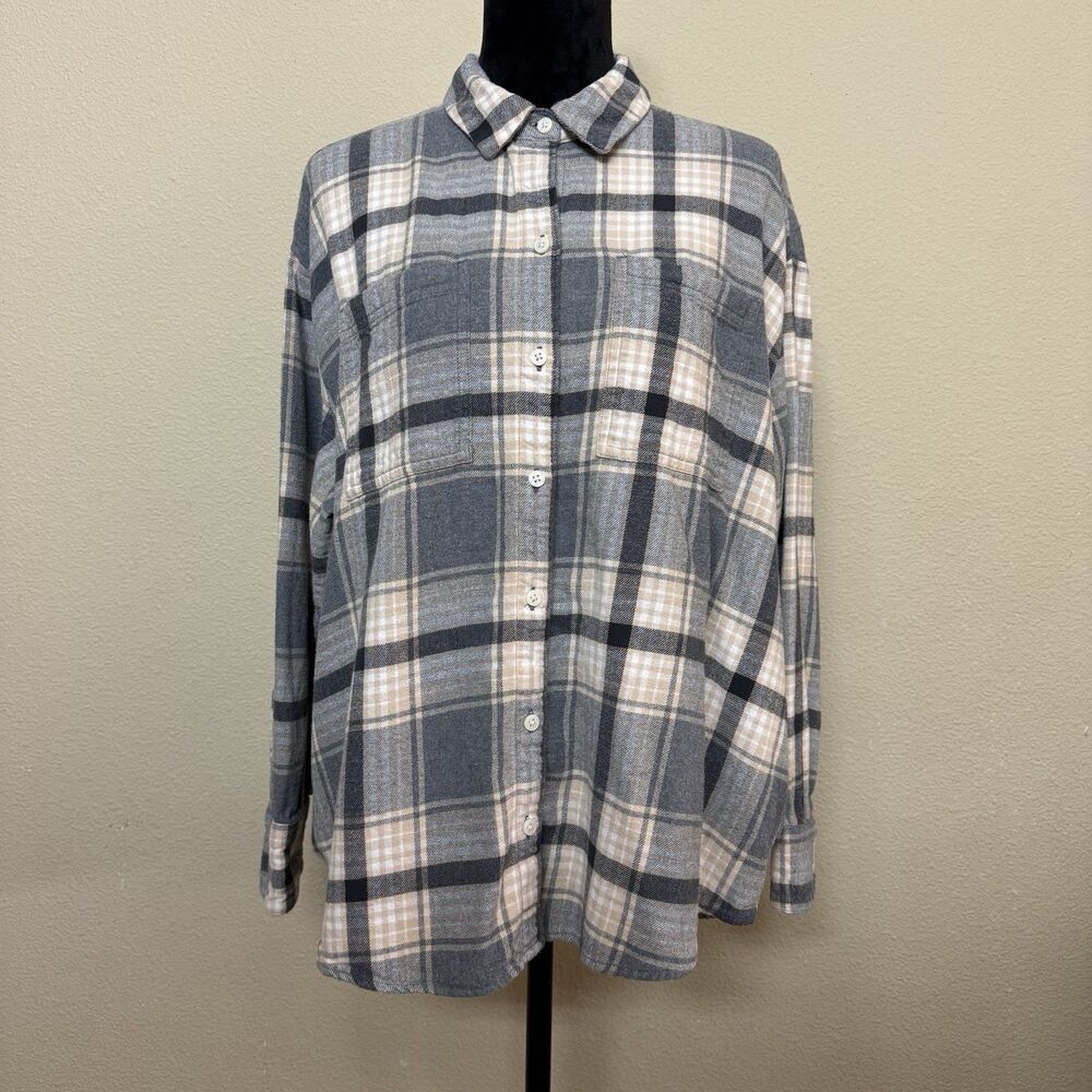 Old Navy shirt women XL 100% cotton long sleeve button down flannel gray